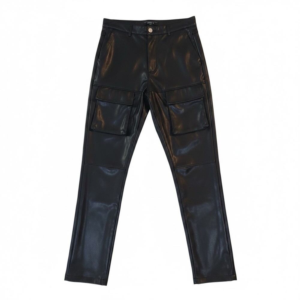 Forever 21 Men Black Faux Leather Cargo Pants Size 36 Cargo Pockets